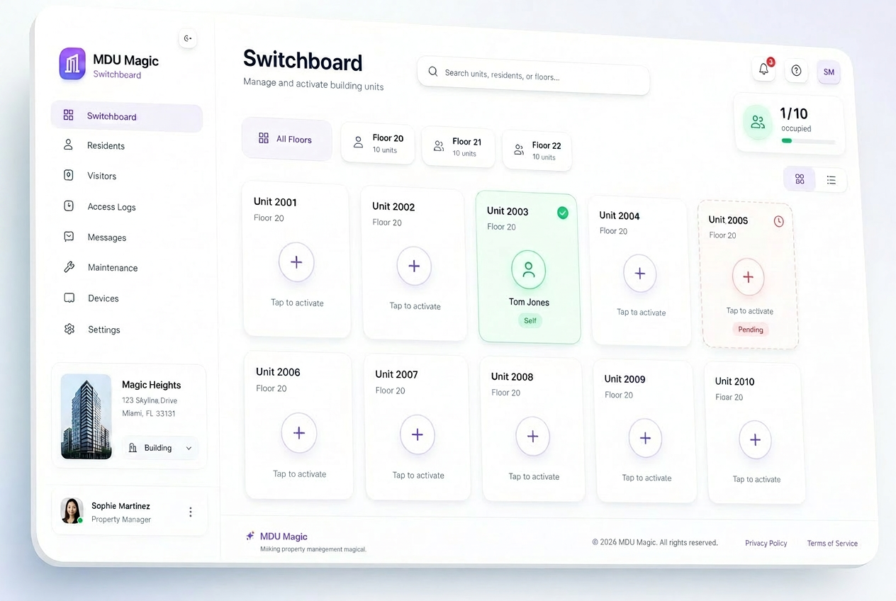 MDU Magic switchboard portal showing per-unit activation across building floors